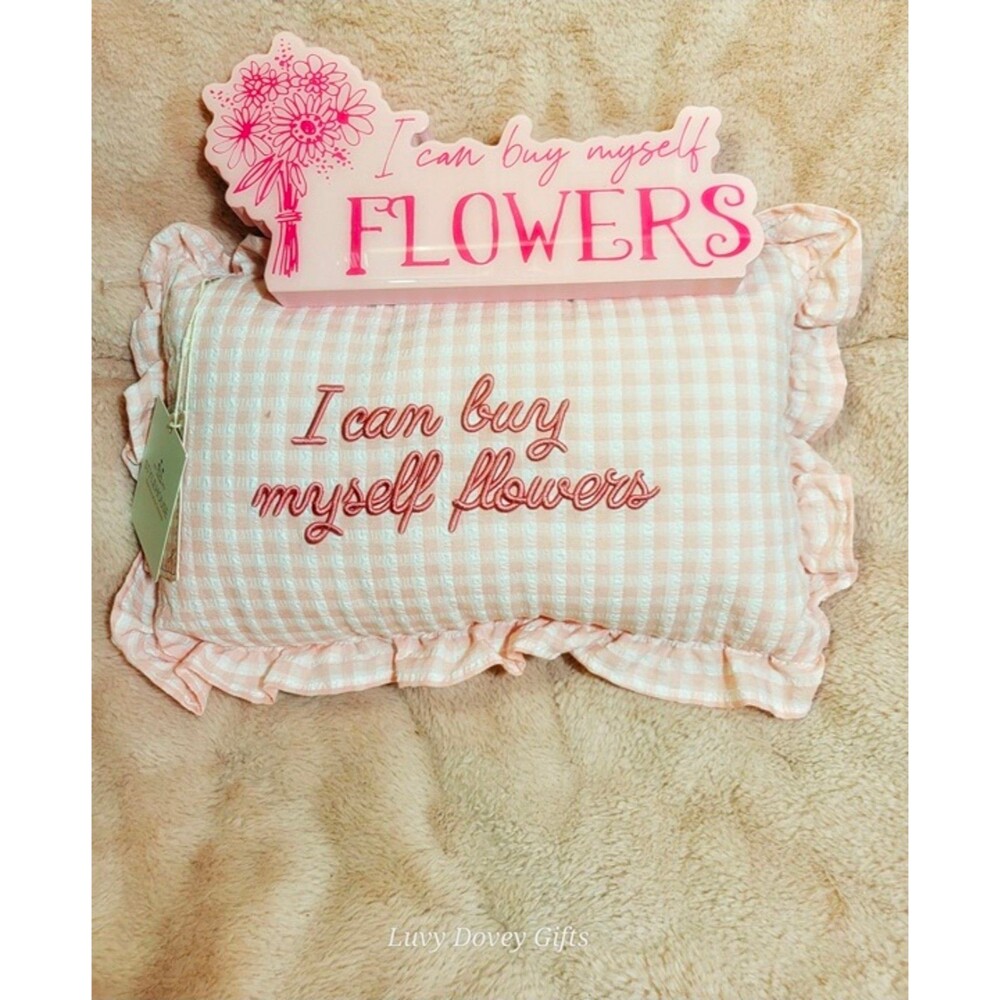 Style House Cottagecore Pink Gingham Flowers Pillow & Sign Set NWT